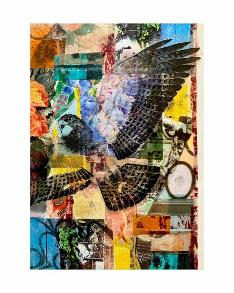 Dana Wilde collage: hawk in flight over floral and pattern fragments