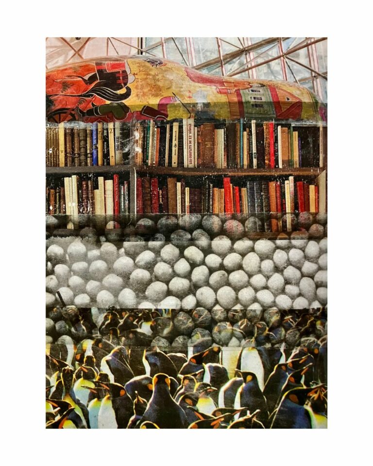 Dana Wilde collage: strata of books, snowballs, and penguins