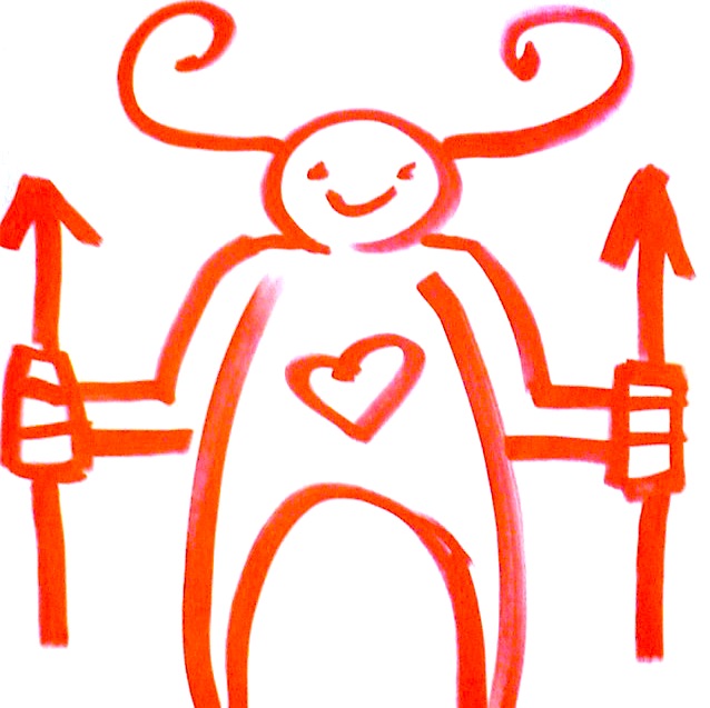 Dana Wilde drawing: red figure with raised arrows and a heart