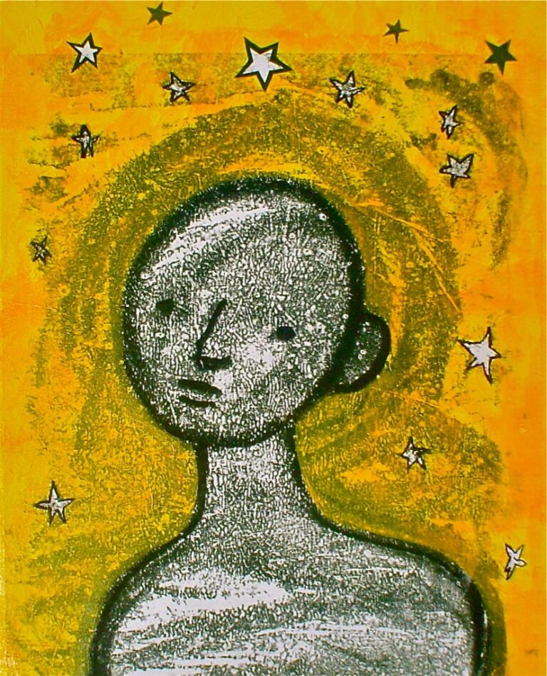 Dana Wilde print: haloed figure among stars on yellow