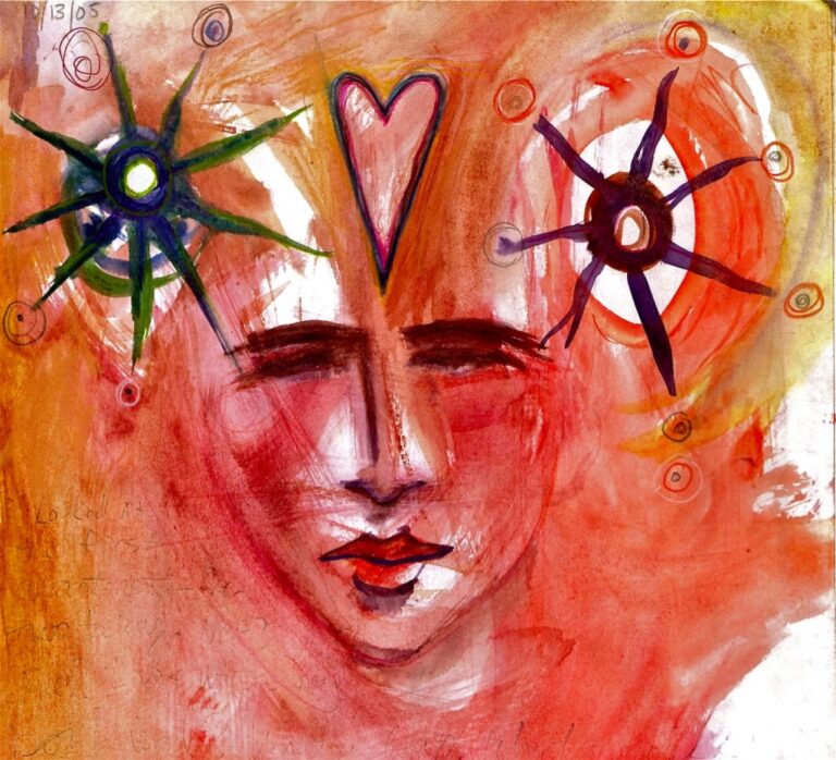 Dana Wilde painting: red face with heart and starbursts