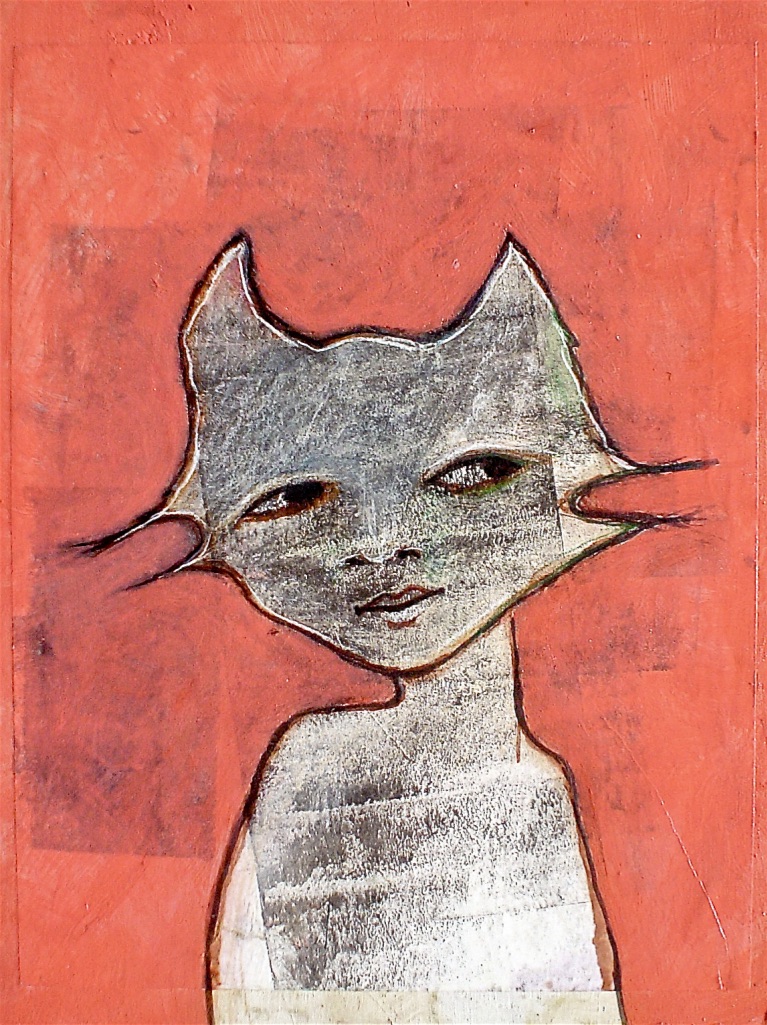 Dana Wilde painting: cat-masked figure on coral ground