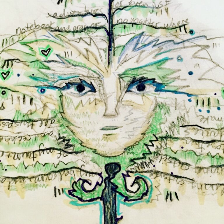 Dana Wilde journal drawing: green and gold face over written text