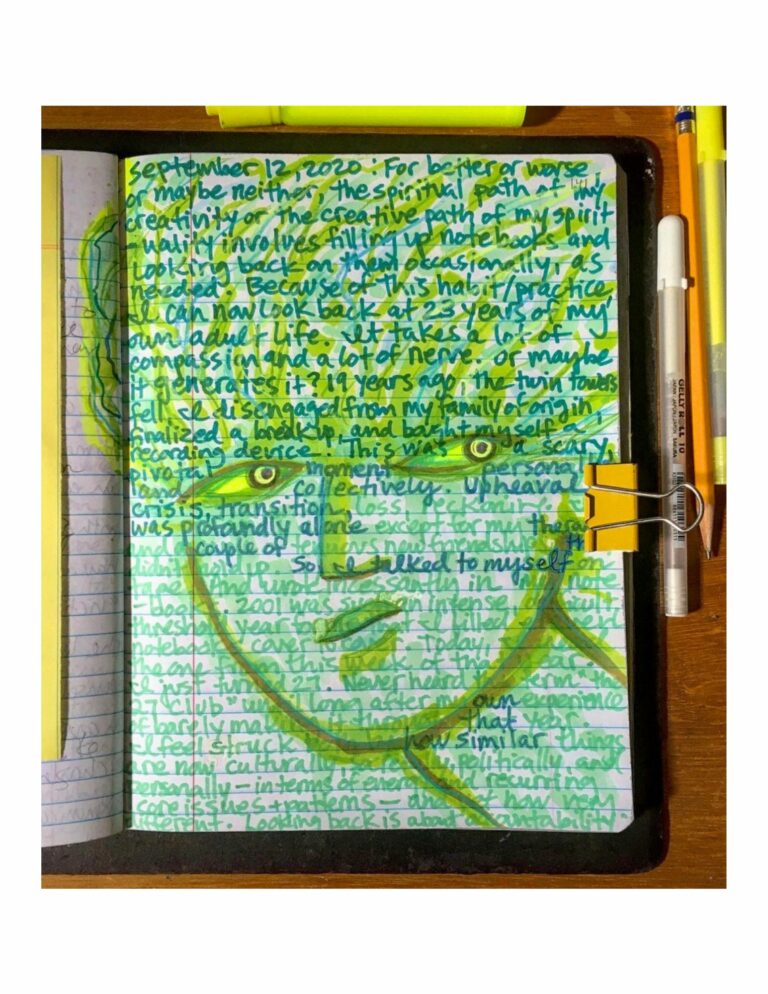 Dana Wilde journal page, September 2020: green face over handwriting
