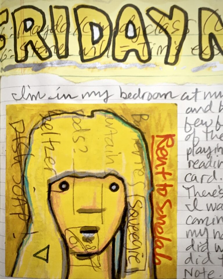 Dana Wilde journal page: FRIDAY, yellow portrait with notes
