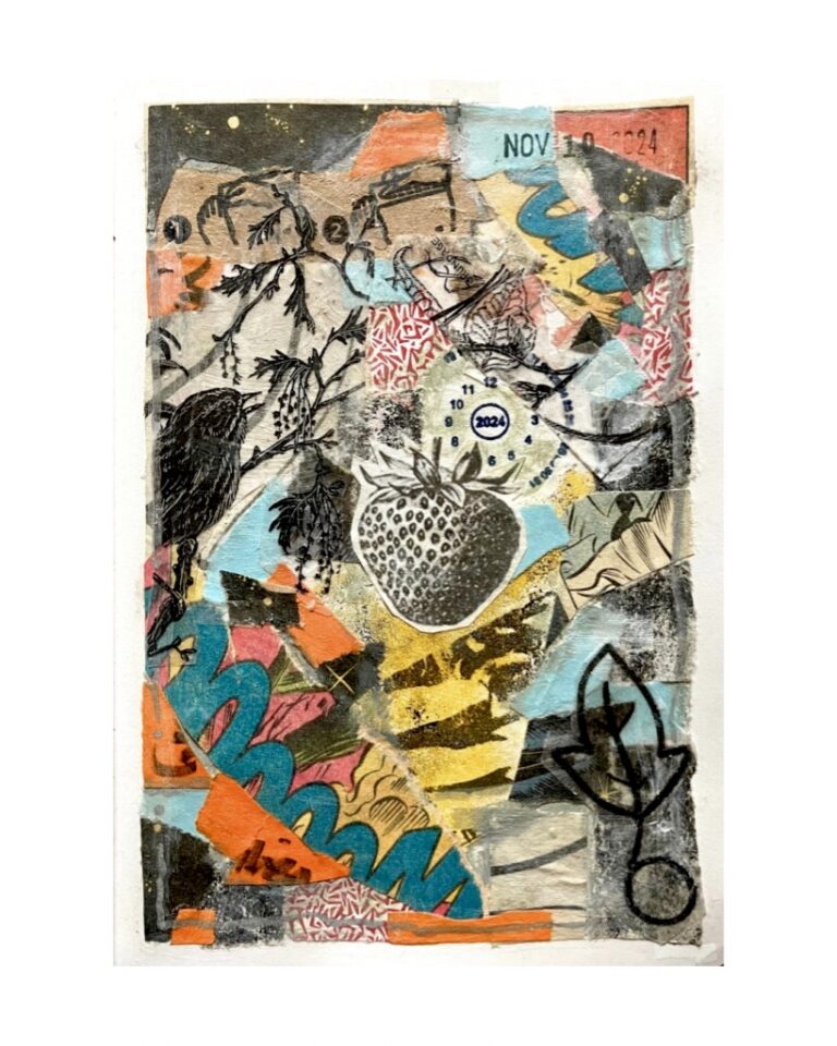 Dana Wilde collage: strawberry, bird, and calendar fragments